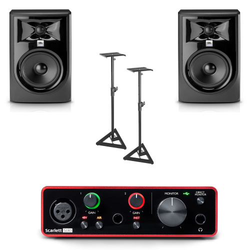 JBL 305P Mkll (2 шт) + OnStage SMS6000-P (пара) + ​Focusrite Scarlett Solo 3rd gen (1 шт)